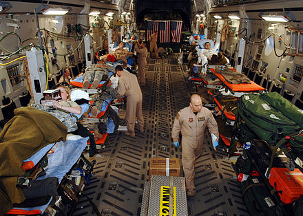 An aeromedical evacuation of injured patients by a C-17 from Balad, Iraq to Ramstein, Germany, in 2007