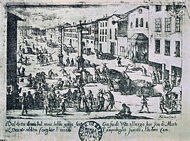 Melchior Gherardini.  A San Babila tér az 1630-as pestisjárvány idején.  Nyolc holttestekkel megrakott pestisjármű indul a Keleti Kapu felé, feltehetően a városkapukon kívüli gyengélkedőnél álló St. Gregorio temető felé.  Egy másik holttest a földön fekszik a templom közelében.  Milánó.