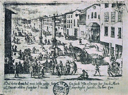 Milan during the plague of 1630: plague carts carry the dead for burial.
