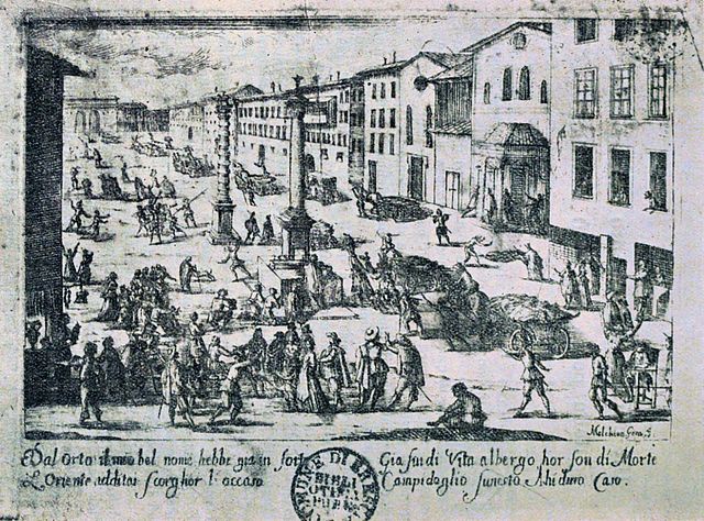 Melchiorre Gherardini, Piazza S. Babila, Milan, during the plague of 1630: plague carts carry the dead for burial.