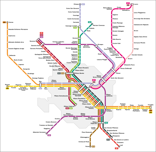 Milan suburban railway network map