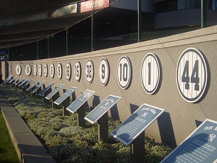 Retired numbers lined the rear wall of the original Monument Park