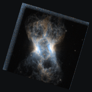 Aufnahme durch das Hubble-Weltraumteleskop mit Linienfilter: rot Hα, blau OIII.