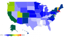 A normalized heatmap of per-capita signatures to the petition by U.S. state. Highest support from Massachusetts (red), lowest from Mississippi (white). Normalized heatmap of per-capita signatures to Access2Research petition by U.S. state.png
