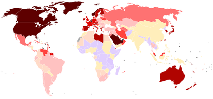 A map of world oil consumption in barrels a day per capita, 2007.
.mw-parser-output .div-col{margin-top:0.3em;column-width:30em}.mw-parser-output .div-col-small{font-size:90%}.mw-parser-output .div-col-rules{column-rule:1px solid #aaa}.mw-parser-output .div-col dl,.mw-parser-output .div-col ol,.mw-parser-output .div-col ul{margin-top:0}.mw-parser-output .div-col li,.mw-parser-output .div-col dd{page-break-inside:avoid;break-inside:avoid-column}.mw-parser-output .plainlist ol,.mw-parser-output .plainlist ul{line-height:inherit;list-style:none;margin:0}.mw-parser-output .plainlist ol li,.mw-parser-output .plainlist ul li{margin-bottom:0}
.mw-parser-output .legend{page-break-inside:avoid;break-inside:avoid-column}.mw-parser-output .legend-color{display:inline-block;min-width:1.25em;height:1.25em;line-height:1.25;margin:1px 0;text-align:center;border:1px solid black;background-color:transparent;color:black}.mw-parser-output .legend-text{}
> 0.07
0.07 - 0.05
0.05 - 0.035
0.035 - 0.025
0.025 - 0.02
0.02 - 0.015
0.015 - 0.01
0.01 - 0.005
0.005 - 0.0015
< 0.0015 OilConsumptionpercapita.png