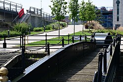 The old Prince's Dock footbridge and the walkway to Murdoch's Connection in Kingston upon Hull.