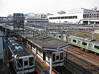 大栄橋から望む駅構内 手前から東武野田線、JR在来線、新幹線のホームが並び、新幹線下に潜り込む形でニューシャトルのホームがある。