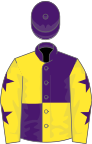 Purple and yellow (quartered), yellow sleeves, purple stars, purple cap