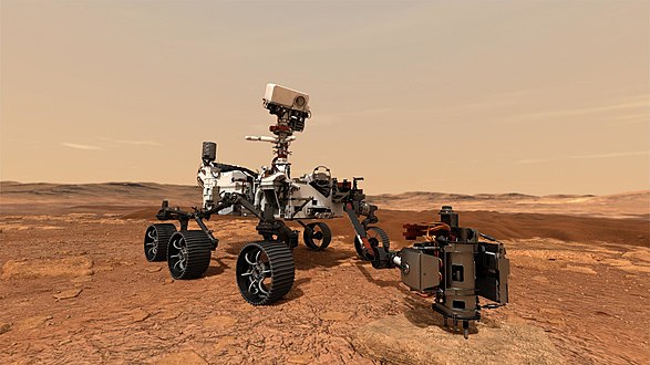 Prélèvement d'un échantillon de sol martien par l'astromobile de Mars 2020.