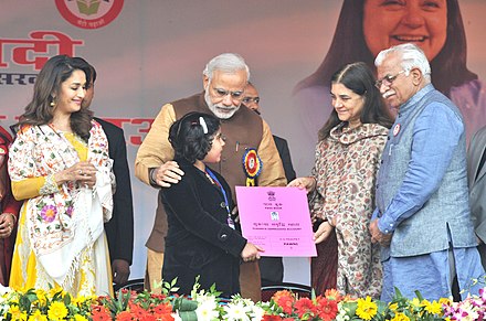 Dixit at the launch of "Beti Bachao Beti Padhao" campaign alongside PM Narendra Modi, Union Minister Maneka Gandhi and Haryana CM Manohar Lal Khattar in 2015