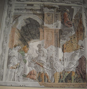 Detailansicht des rekonstruierte Freskos Miracolo di San Giacomo; die auf der digitalen Rekonstruktion eingesetzten Fragmente des Originalfreskos heben sich als kleine dunkle Punkte deutlich ab
