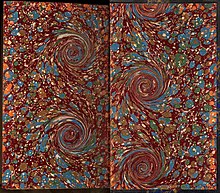 Handcrafted marbled endpapers of a book manually bound in France around 1880 (Giacomo Leopardi, OEuvres, vol. 2). PaperMarbling003France1880.jpg