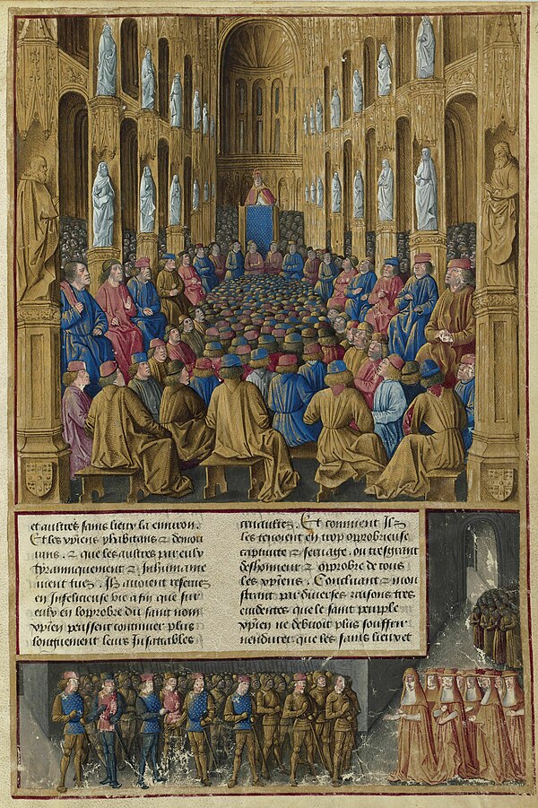 Pope Urban II at the Council of Clermont, given a late Gothic setting in this illumination from the Livre des Passages d'Outre-mer, of c. 1490 (Biblio