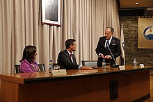 The Prime Minister Pedro Sanchez with the Defence Minister Margarita Robles and the then Director of the CNI Felix Sanz Roldan in 2019. Pedro Sanchez visita el Centro Nacional de Inteligencia 03.jpg