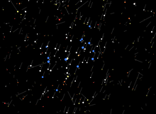 Stars of Pleiades with color and 10,000-year backwards proper motion shown