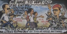 Poster at an anti-UN protest in Mogadishu depicting the Italians split with Howe over the escalation of force in UNOSOM II Post Abdi house raid anti UN poster at protest.png