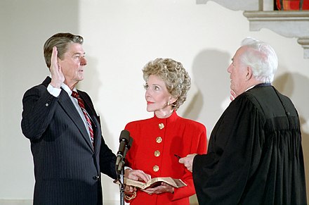 "The Gaze": Reagan watches as her husband is sworn in for a second term by Chief Justice Warren Burger, on January 20, 1985.