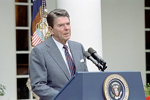 Ronald Reagan speaks to the press in the Rose Garden about the Professional Air Traffic Controllers Organization strike.