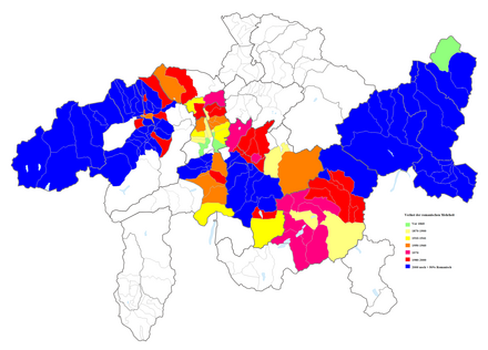 Loss of the Romansh-speaking majority in modern times according to the Swiss censuses   before 1860   1870–1900   1910–1941   1950–1960   1970   1980–2000   Romansh majority in 2000