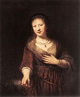 Saskia van Uylenburgh as Flora . 1641. oil on panelmedium QS:P186,Q296955;P186,Q106857709,P518,Q861259. 98.5 × 82.5 cm (38.7 × 32.4 in). Dresden, Gemäldegalerie Alte Meister.