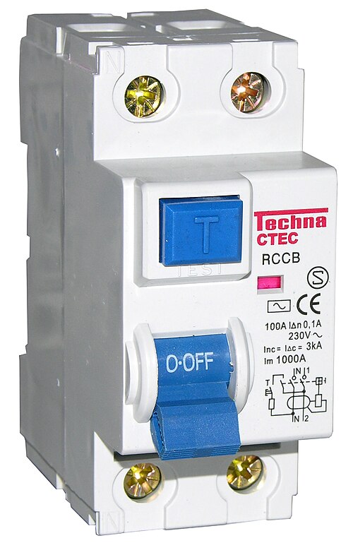 A two-pole, or double-pole, residual-current device. The test button and connect/disconnect switch are colored blue. A fault will trigger the switch t