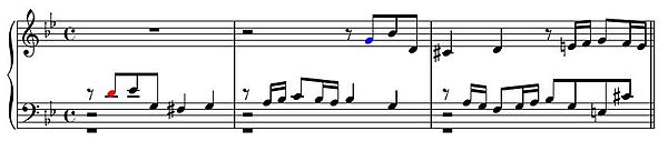 Example of a tonal answer in J.S. Bach's Fugue No. 16 in G minor, BWV 861, from the Well-Tempered Clavier, Book 1. The first note of the subject, D (i