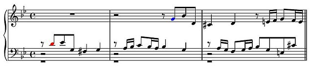 Example of a tonal answer in J.S. Bach's Fugue No. 16 in G minor, BWV 861, from the Well-Tempered Clavier, Book 1. The first note of the subject, D (i