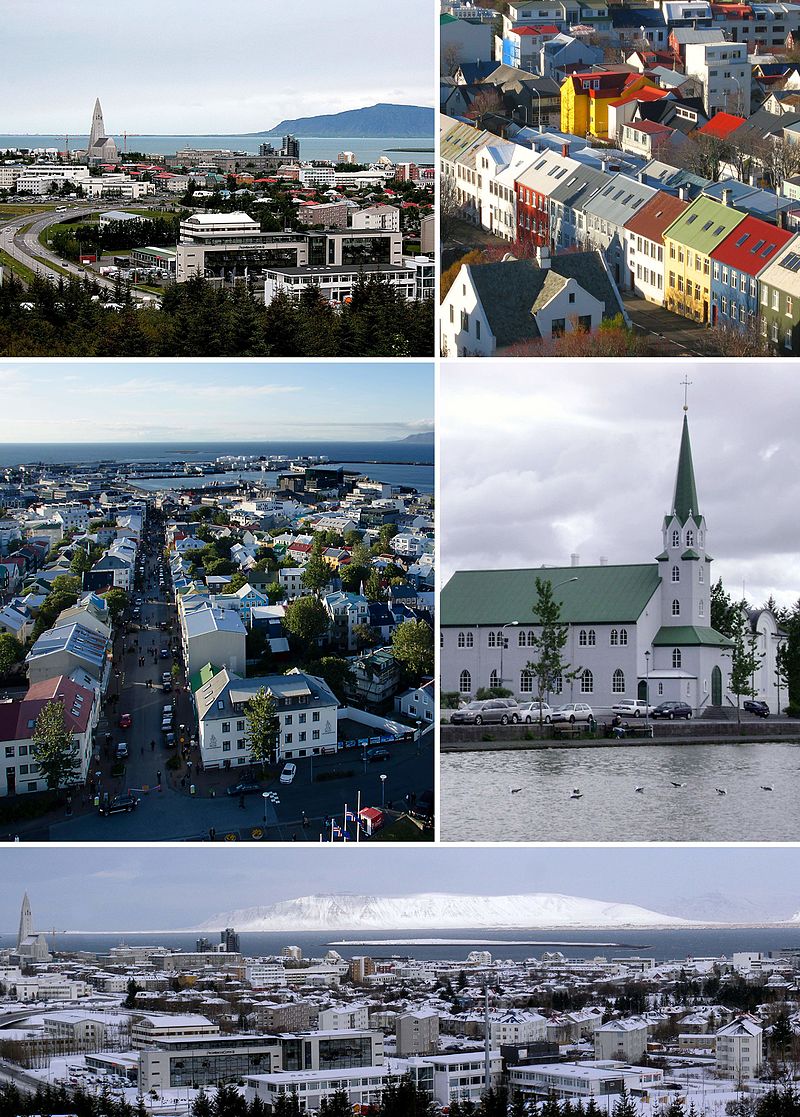 From upper left: View of old town and Hallgrímskirkja from Perlan, rooftops from Hallgrímskirkja, Reykjavík from Hallgrímskirkja, Fríkirkjan, panorama from Perlan