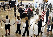 The body of former President Ronald Reagan lying in state in the Capitol in June 2004 Ronald Reagan lies in state June 10.jpg