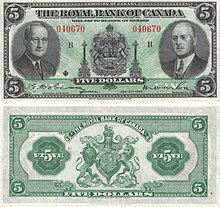 The RBC 1943 $5 note was the last note issued by a chartered bank in Canada. Royal Bank of Canada $5 (1943).jpg