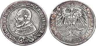 Duchy of Saxony, thaler of John Frederick the Magnanimous after his imprisonment, 1552, Saalfeld Mint. Sachsisch-ernestinisches Gesamthaus 1547 bis 1572, Johann Friedrich nach seiner Gefangenschaft 1552 bis 1554, Taler 1552, CNG.jpg