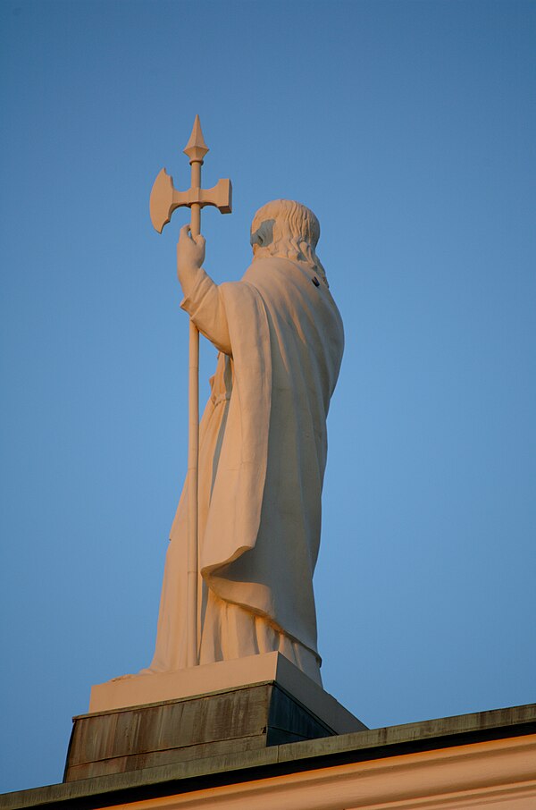 Statue of Saint Matthias by Hermann Schievelbein at the roof of the Helsinki Cathedral.