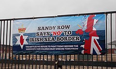 Banner opposing post-Brexit border controls between Great Britain and Northern Ireland seen in Sandy Row (March 2021)