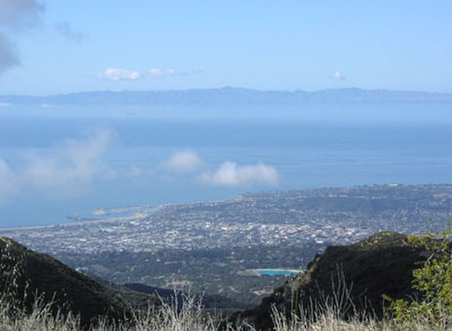 Looking south-southwest, across the Santa Barbara Channel; the city of Santa Barbara, California is below, and Santa Cruz Island is in the distance.