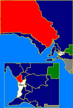 Rural SA: ALP in red, Liberal in blue, Independents in white, Nationals in green. These boundaries are based on the 2006 electoral redistribution. Sastate97.png