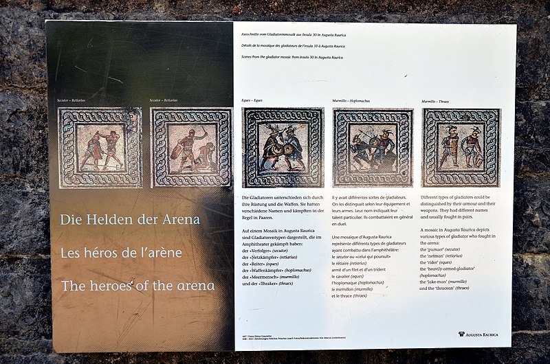 File:Scenes from the so-called gladiator mosaic found in Augst, Augusta Raurica, Switzerland (9223559923).jpg