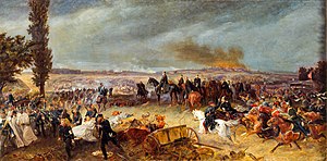 An oil painting of a battlefield, with several mounted cavalry in black; an indistinct city burning on the horizon.