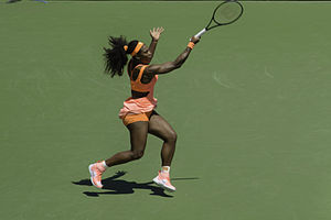 Williams competing in the Miami Open final Serena Williams defeated Carla Suarez Navarro 6-2, 6-0 wins Miami Open! - 150404-4033-jikatu (17035221945).jpg
