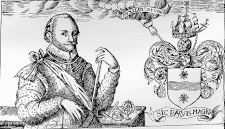 Sir Francis Drake with his new heraldic achievement, with motto: Sic Parvis Magna, translated literally: "Thus great things from small things (come)". The hand out of the clouds is labelled Auxilio Divino, or "With Divine Help"[89]