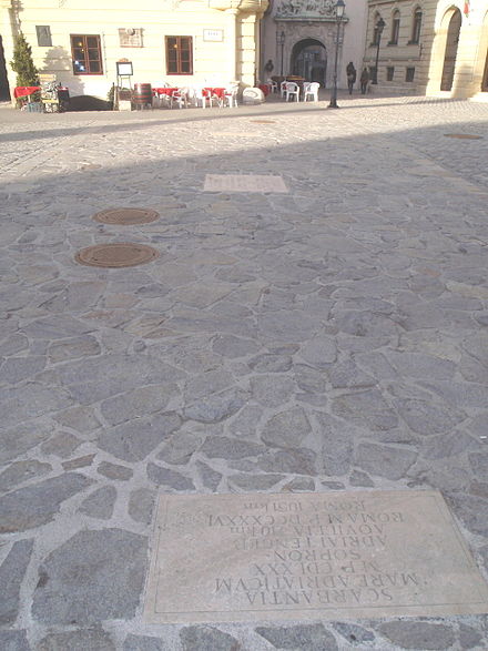Plaque on the Main square, remembering that Roman Scarbantia was an important post of the 'Amber Road'