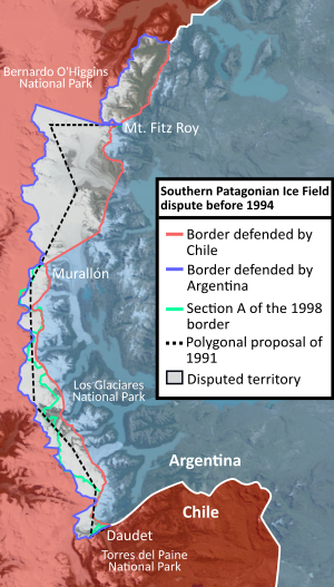 Territorial dispute between Chile and Argentina over the Southern Patagonian Ice Field before 1994 Southern Patagonian Ice Field dispute before 1994.svg