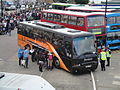 Southern Vectis 582 (P887 PWW), a DAF SB3000/Ikarus, in Ryde, Isle of Wight bus station, operating shuttle services between Ryde and the Bestival 2011 site.