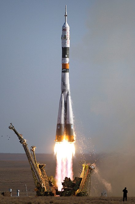 A Soyuz-FG rocket launching a Soyuz-TMA spacecraft. Soyuz-FG is produced by TsSKB Progress, while Soyuz-TMA is made by RKK Energia