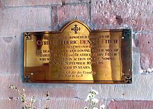 Memorial in St Cassian's Church in Chaddesley Corbett, Worcestershire, to C. F. D. Fitch of the Queen's Westminster Rifles, killed in the Battle of the Somme in 1916 St Cassian's Church, Chaddesley Corbett, Worcestershire - Fitch 03.jpg