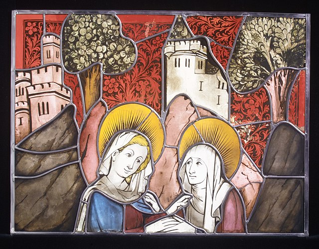 Detail of German panel (1444) of Visitation; pot metal, including white glass, black vitreous paint, yellow silver stain, and olive-green enamel. The 