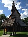 A replica of a stav church in Norway, rebuilt in Minnesota. This church is a part of the exhibition in the Hjemkomst center.