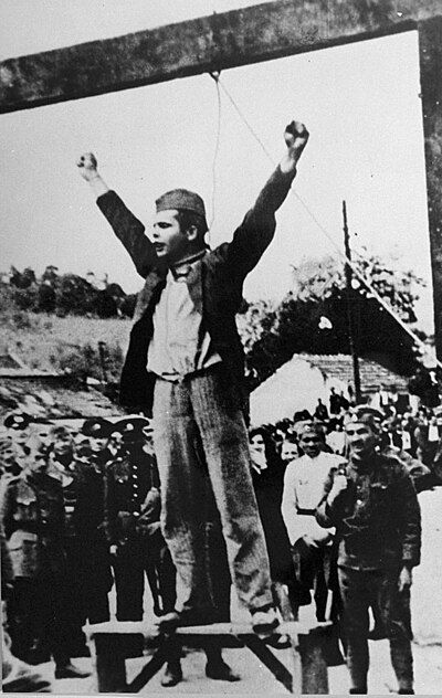 Partisan fighter Stjepan Filipović shouting "Death to fascism, freedom to the people!" seconds before his execution by a Serbian State Guard unit in Valjevo, 22 May 1942.