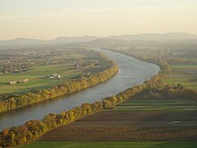 View of the Connecticut River from South Sugarloaf. Holyoke Range visible in the background.