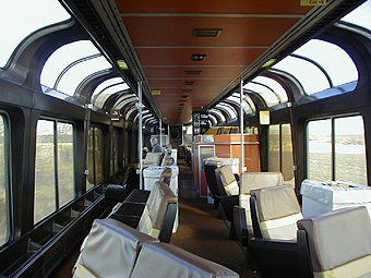 Interior of an Amtrak Superliner Sightseer lounge car. These were based on the Seaboard’s Sun Lounge and the ATSF’s Hi-Level lounge.