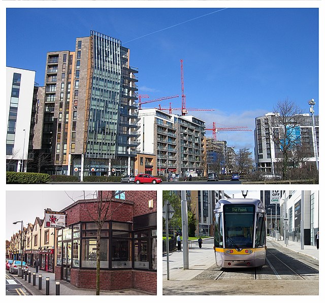 From top, left to right: Skyline from Sean Walsh Park, High Street, Luas terminus; The Square Tallaght